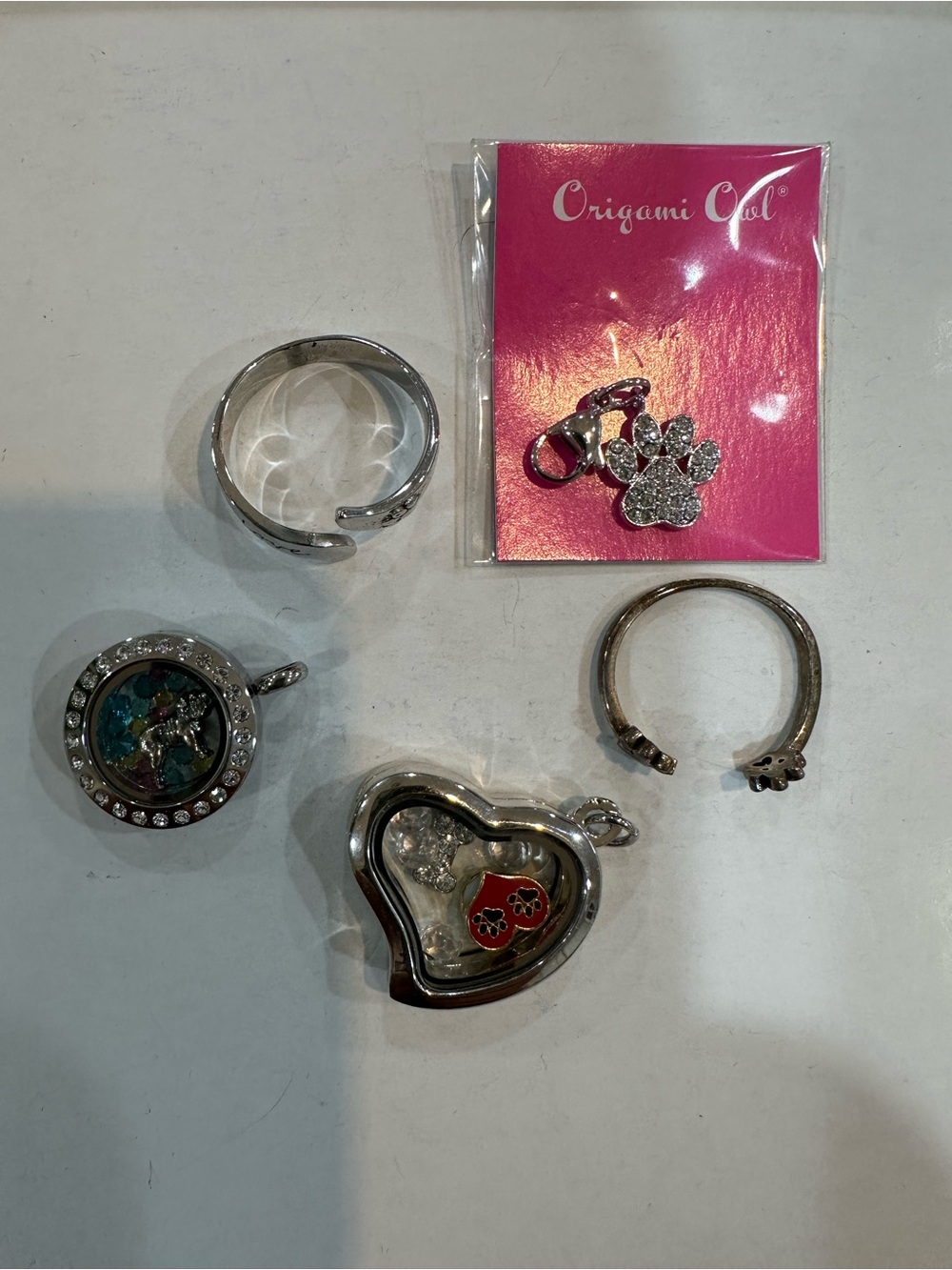 Origami Owl Dog Lover bundle - 2 Lockets, 2 rings and pave paw dangle